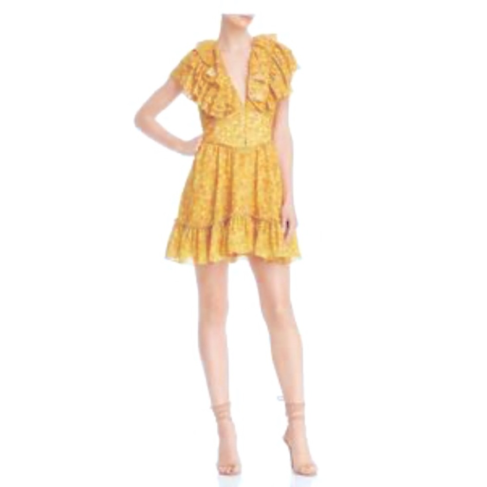 DIVINE HERITAGE Womens Yellow Floral Flutter Mini Fit + Flare Dress Size: M
